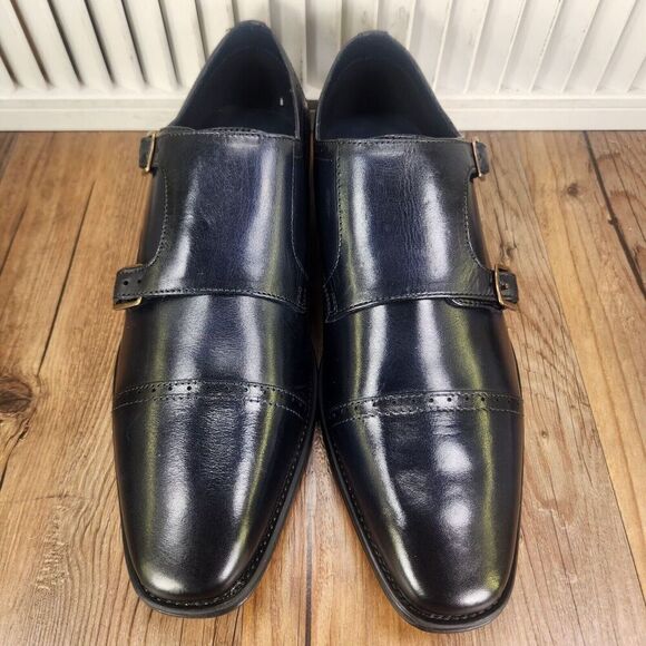 Jump New York Manolo Double Monk Strap Dress Shoes Men Sz 9 M Navy Blue Leather - Picture 9 of 11